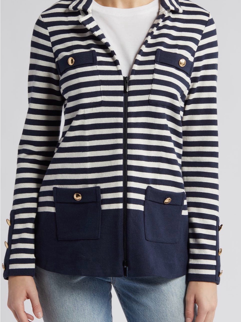 Nic+Zoe City Charm Sweater Jacket Navy And White